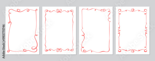 Whimsical red ribbon wedding frame set. Romantic heart border with cute bow and simple wavy line sketch. Vertical valentine card collection for love invite, holiday menu or party decoration, minimal