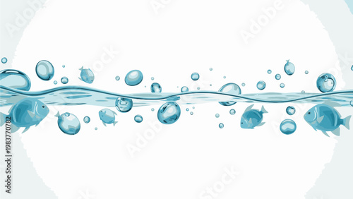 Underwater scene with small fish swimming near the surface surrounded by bubbles against a white background with a shallow depth of field in calming blue tones.