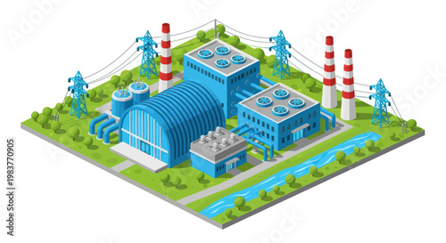 Modern Industrial Power Plant Facility with Cooling Towers and Smokestacks.
