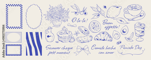 Coquette breakfast sketch in blue line set. French coffee and cake appear as cute food icons and doodle elements. Pancakes, croissant cup sit as brunch template with background frame set for cafe