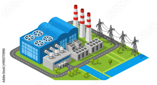 Modern Industrial Power Plant with Cooling Towers and Smokestacks.