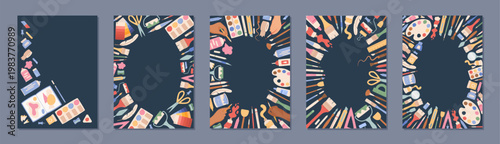 Cartoon painter stationery template with dark art background and vertical rectangle space set. Fun painter tool set as childish stationery and art supplies with brush, pencil, scissors, palette glue