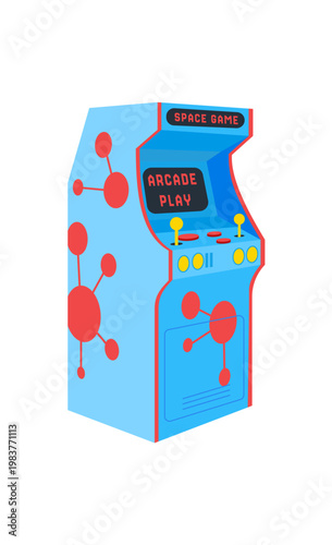 Retro arcade game machine in cartoon graphic style with label and joystick details. Classic videogame entertainment for player, blue and red color scheme, ideal for playful video game arcade theme