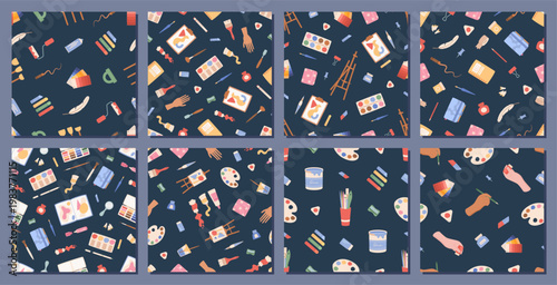 Flat painter tools seamless pattern with pencil and brush on dark background set. Colorful art palette and paint set act as creative tool kit. Seamless art school backdrop for children craft class,