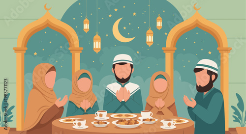 Muslim family and friends gathering for Iftar meal during Ramadan.