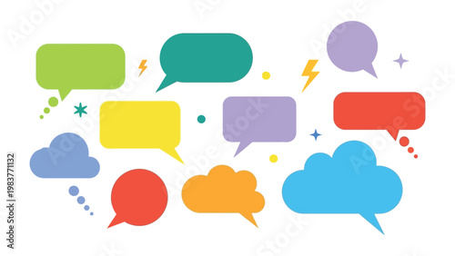 Vibrant Thoughts: A lively composition of colorful speech bubbles floats playfully, symbolizing diverse voices and open communication.