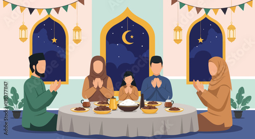 Muslim family breaking fast together during Ramadan.