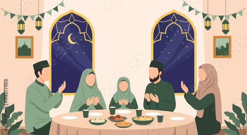 Muslim family celebrating together around a dining table.