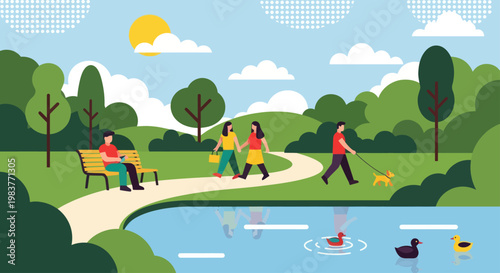People enjoying a leisurely day in a vibrant park with a serene lake.