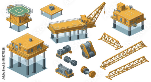 Offshore Oil Rig Components and Structures Isometric View.