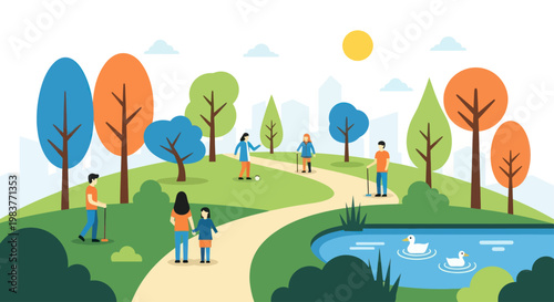 People enjoying various leisure activities in a vibrant park setting.