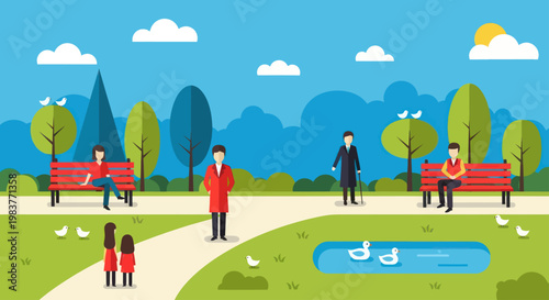 People enjoying leisure time in a vibrant park setting.