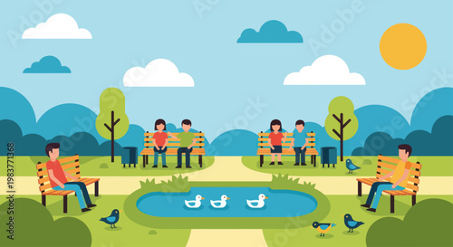 People relaxing on benches in a park with a pond.