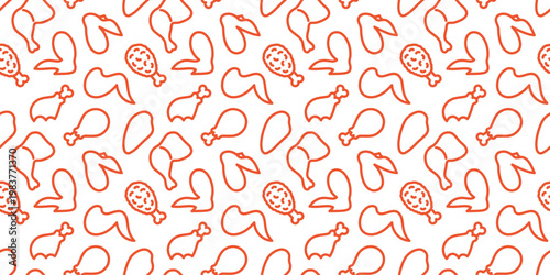 Seamless fried chicken pattern with drumsticks, legs, fillets and wings in outline doodle style.