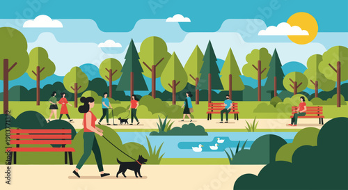 People walking dogs and relaxing in a vibrant park scene.
