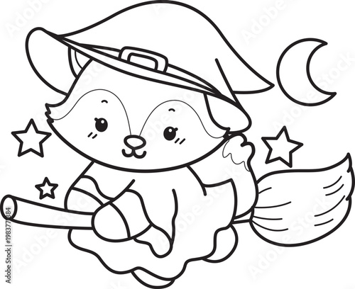 Coloring pages of Cute set of Fox sticker with activity. Outline of Fox with halloween theme