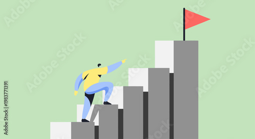 Person climbing stairs towards a flag representing success.