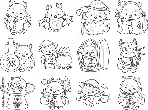 Coloring pages of Cute set of Fox sticker with activity. Outline of Fox with halloween theme