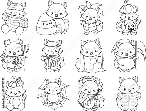 Coloring pages of Cute set of Fox sticker with activity. Outline of Fox with halloween theme