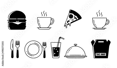 Food restaurant icon collection vector thin outline burger pizza coffee design