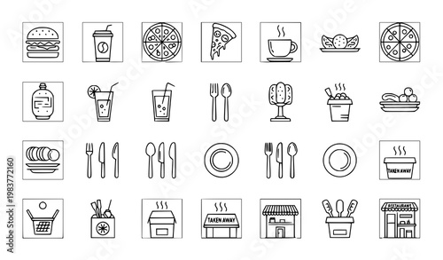 Food icons vector thin line burger pizza coffee restaurant UI set