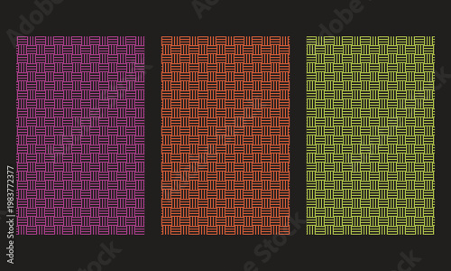 Set of three seamless basket weave patterns in purple, orange, and lime green design vector