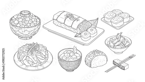 Black and white line of assorted traditional Japanese dishes sushi onigiri chopsticks