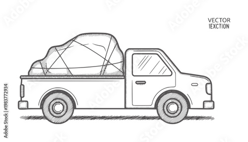 Black and white line of a pickup truck with covered cargo vehicle