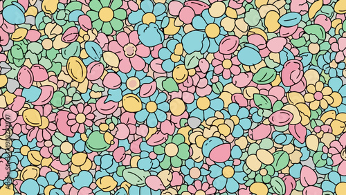 Colorful flowers in a field of various shapes and sizes, a vibrant floral display.