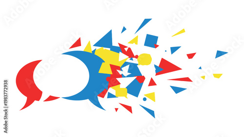 Burst of Communication: A vibrant burst of abstract geometric shapes exploding from a stylized speech bubble, symbolizing ideas and concepts.