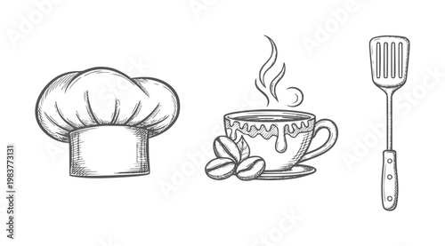 Black and white of chef hat coffee cup and spatula steam