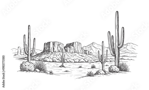 Black and white of desert landscape with cacti and mesas monochrome