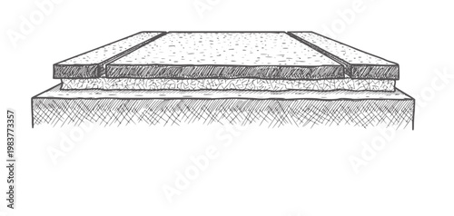 Cross section of multilayered road pavement structure with asphalt bitumen and gravel