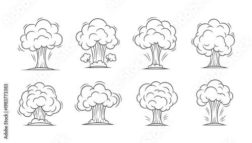 Eight black and white line of exploding trees explosion