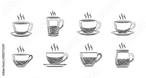 Eight black and white steaming hot beverage cups style mugs handles