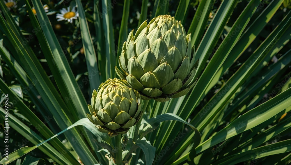 Obraz premium Cynara cardunculus. Green organic artichoke buds on leafy stem.