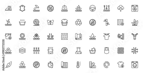 Fabric Features icon set. Vector textile symbols collection. Includes iron, leather, cotton, silk, bamboo, waterproof, fireproof, eco, wash care and more. Editable stroke.