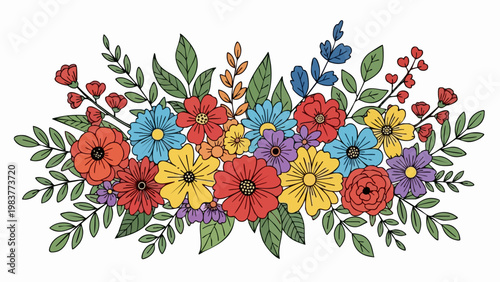 Colorful Floral Arrangement with Detailed Leaves and Blossoms.