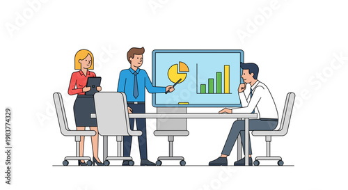 Business professionals analyzing data and graphs in meeting.