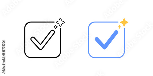 Success output confirmation symbol. Checkmark inside rounded square with sparkle element. AI successful result and completion concept. Simple geometric illustration.