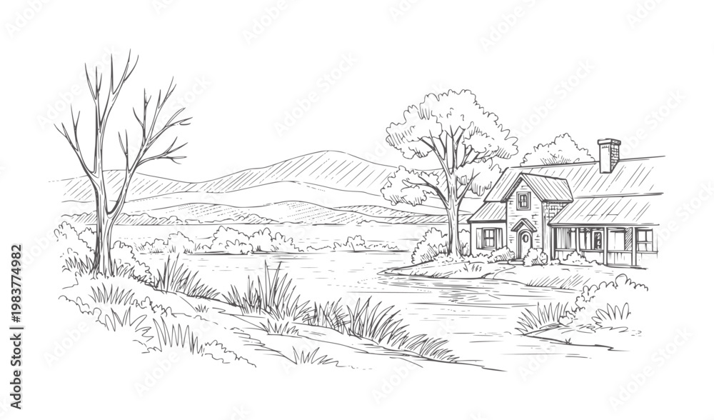 Obraz premium Of lakeside cottage with mountains and trees in monochrome line branches