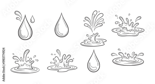 Monochrome hand drawn water droplets and splashes set black