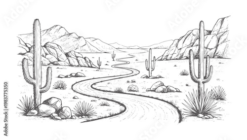 Winding desert road through rocky terrain with tall cacti and mountains