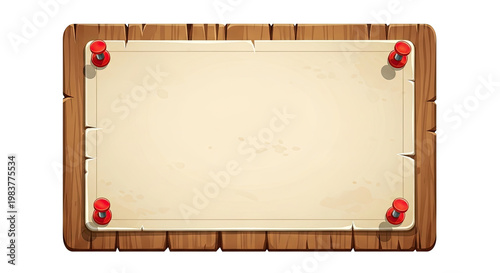 Wooden plank board with paper scroll fixed by pushpins; cartoon style design element for medieval games messages announcements and decoration