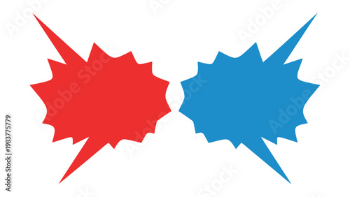 Clash of Concepts: A visual representation of conflict or opposition, featuring two vibrant, starburst-shaped speech bubbles in contrasting colors, symbolizing opposing ideas or forces.