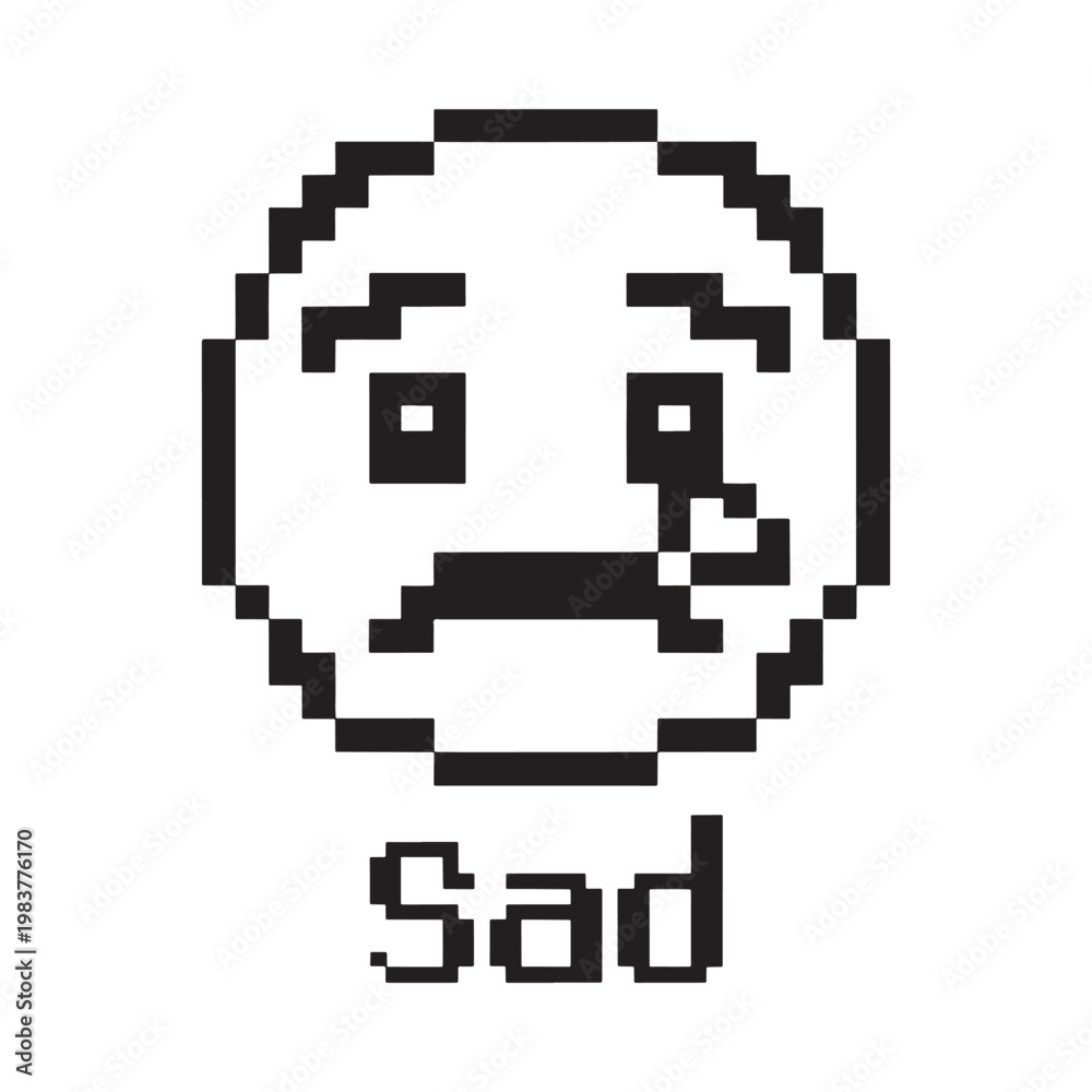 Obraz premium Pixelated sad face emoji with downturned features and the word sad