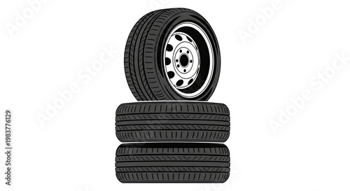 Stack of Three Black Rubber Car Tires Isolated on White Background for Automotive Industry and Vehicle Maintenance