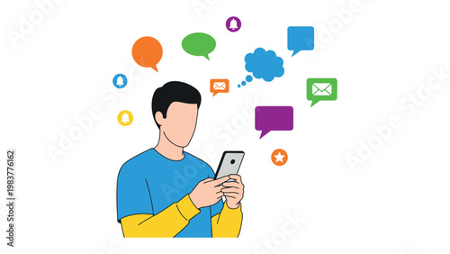 Digital Dialogue: A person, immersed in a world of digital communication, holds a smartphone as thought bubbles of various colors float, suggesting conversations, messages, and ideas. 