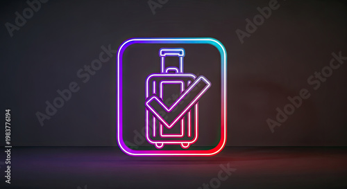 Neon suitcase icon with check mark glowing in dark room vibrant luggage illustration with confirmation sign colorful travel design element