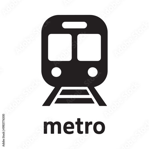 Simple black silhouette of a subway train with accompanying text